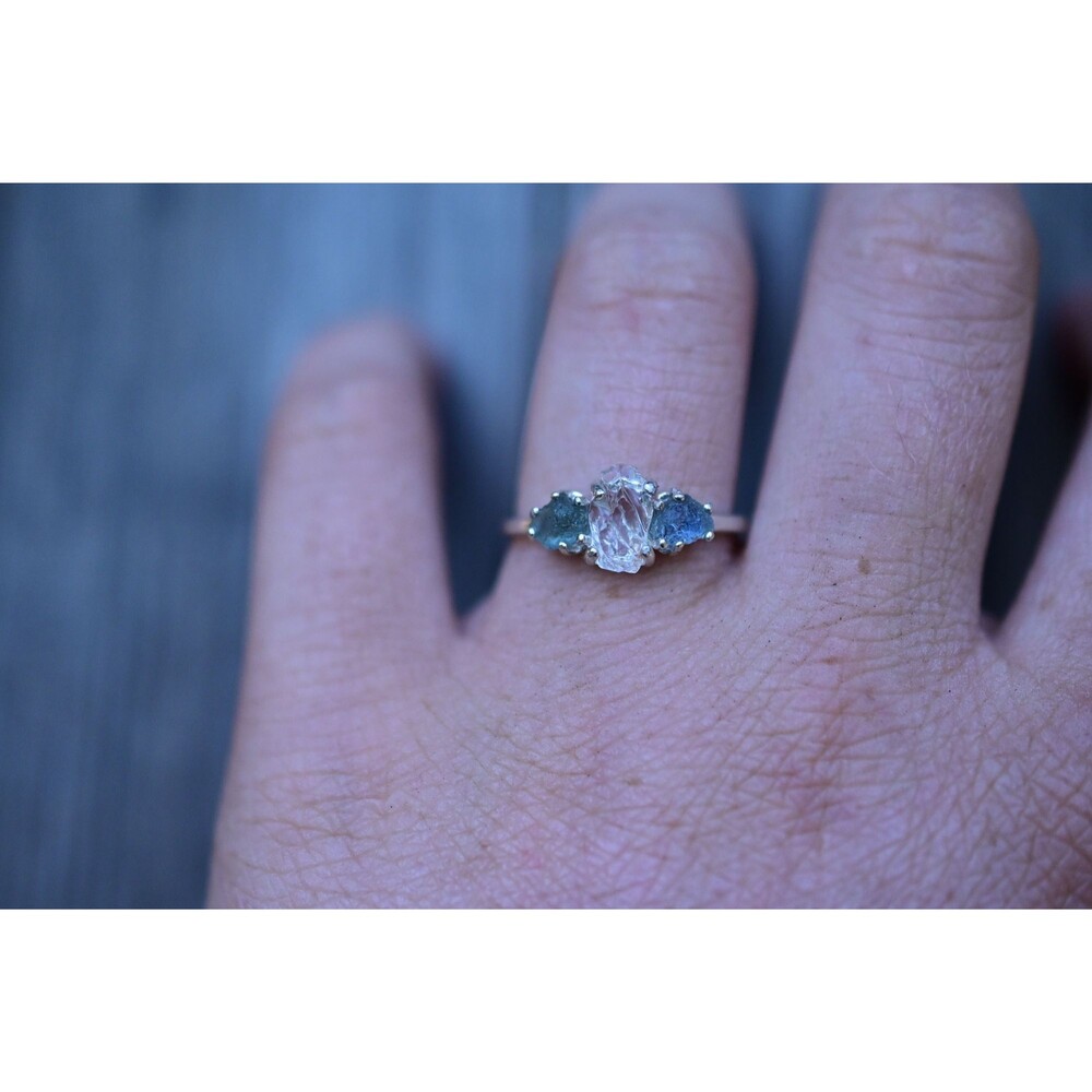 Raw Sapphire and Diamond Engagement Ring, Rough Diamond Ring, Natural Uncut Diam